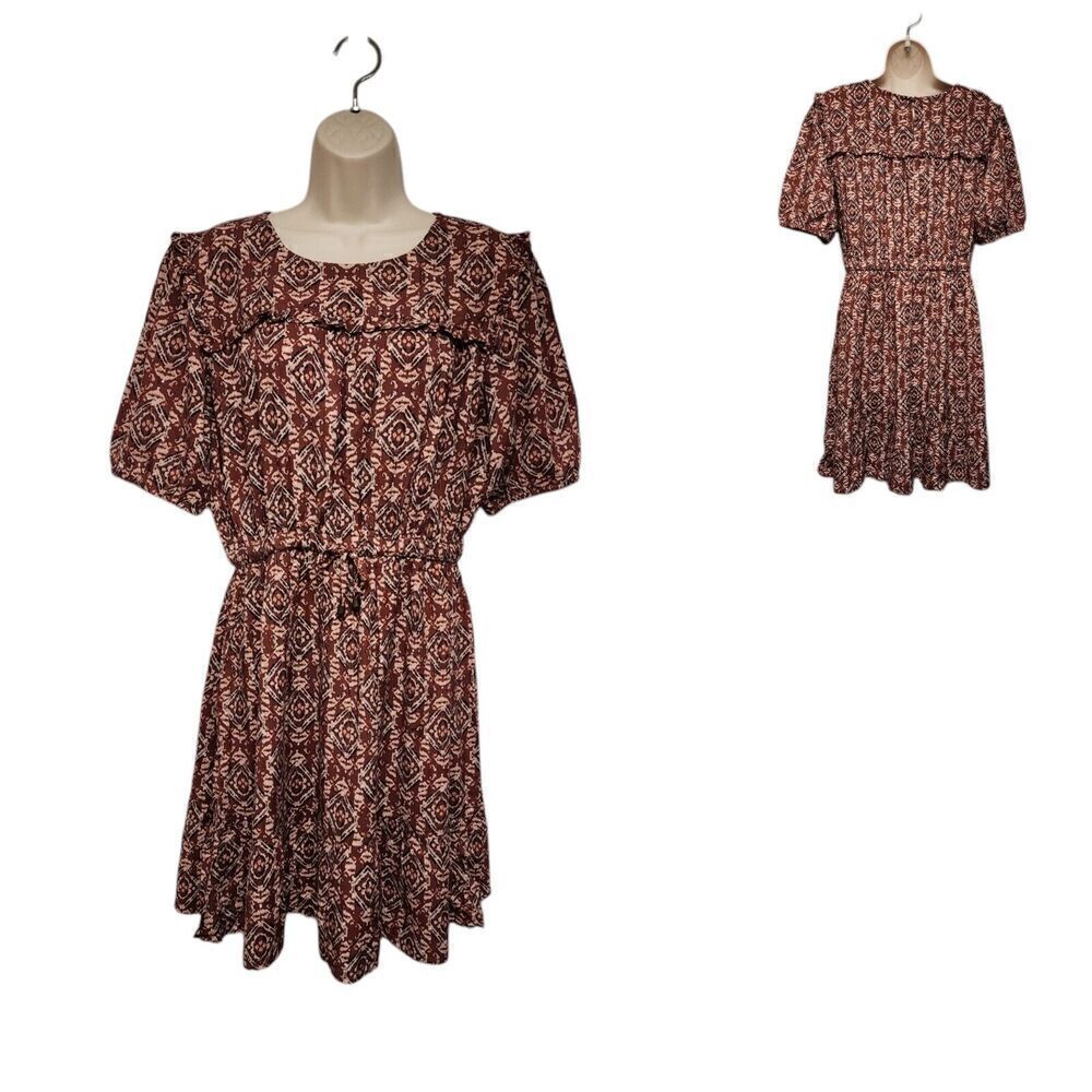 Maurices Women’s Boho Round Neck Layered Red/Cream Mini Dress Size Medium